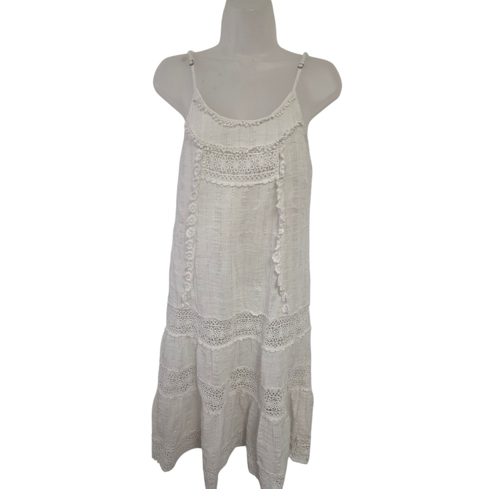 Raga Anthropologie White Crochet Lace Boho Mini Dress Silver Lurex Pinstripe XS